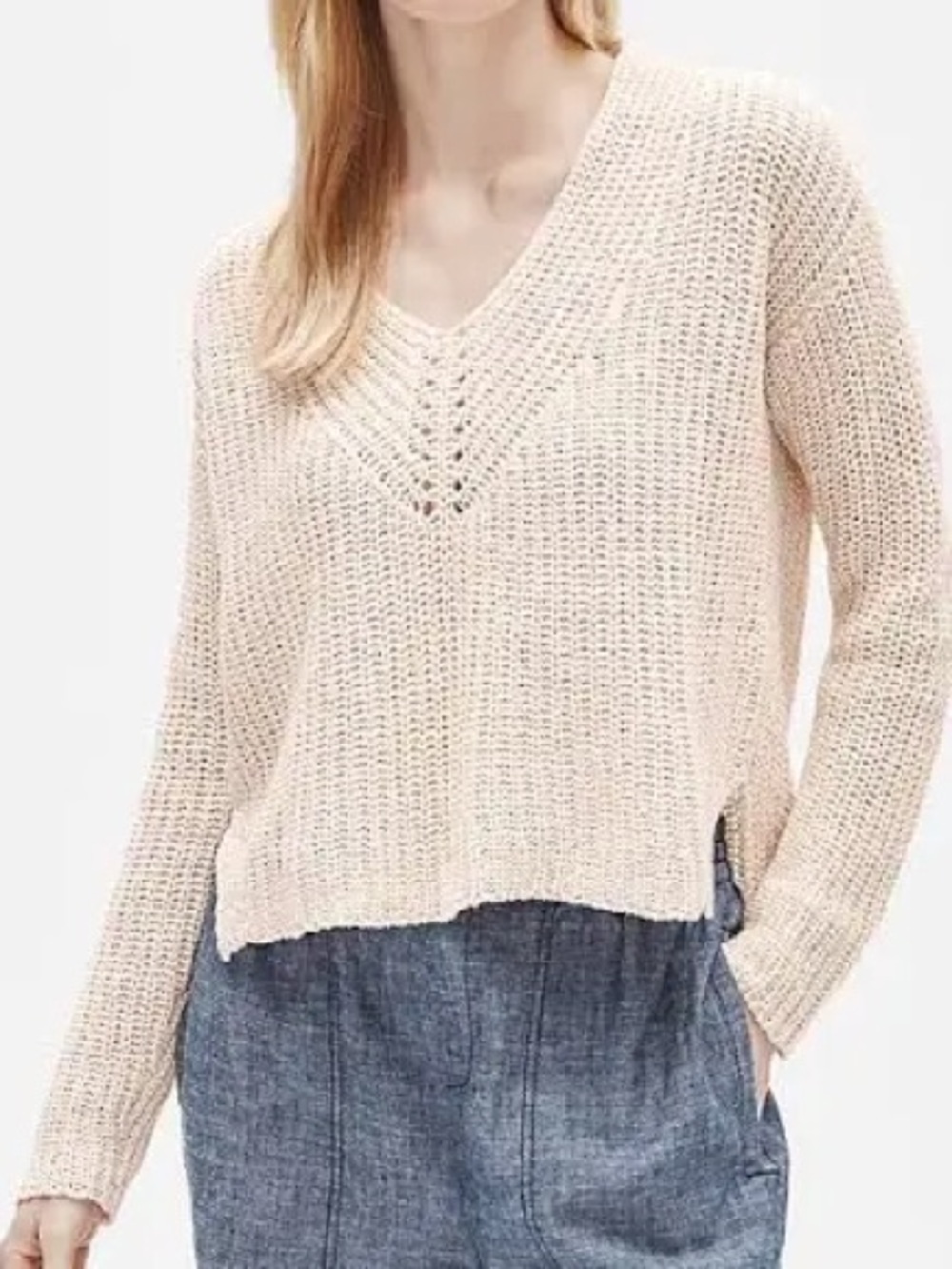 Eileen Fisher V-Neck Sweater Organic Cotton and Linen blend size M